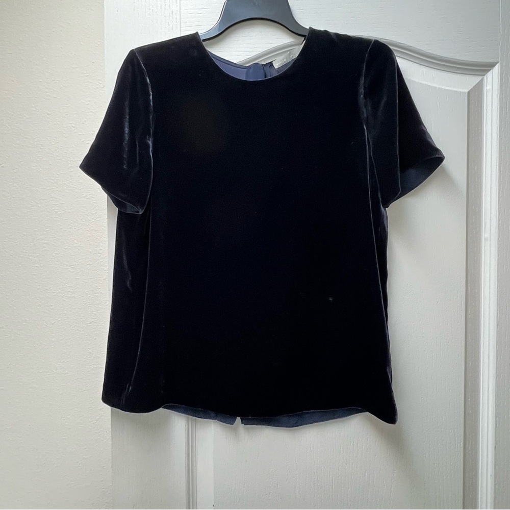 Vince Blue Velvet Blouse Top Velour Short Sleeve Minimalist Silk Blend Sz XS